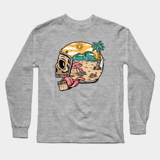 skull wearing helmet and beach scene Long Sleeve T-Shirt